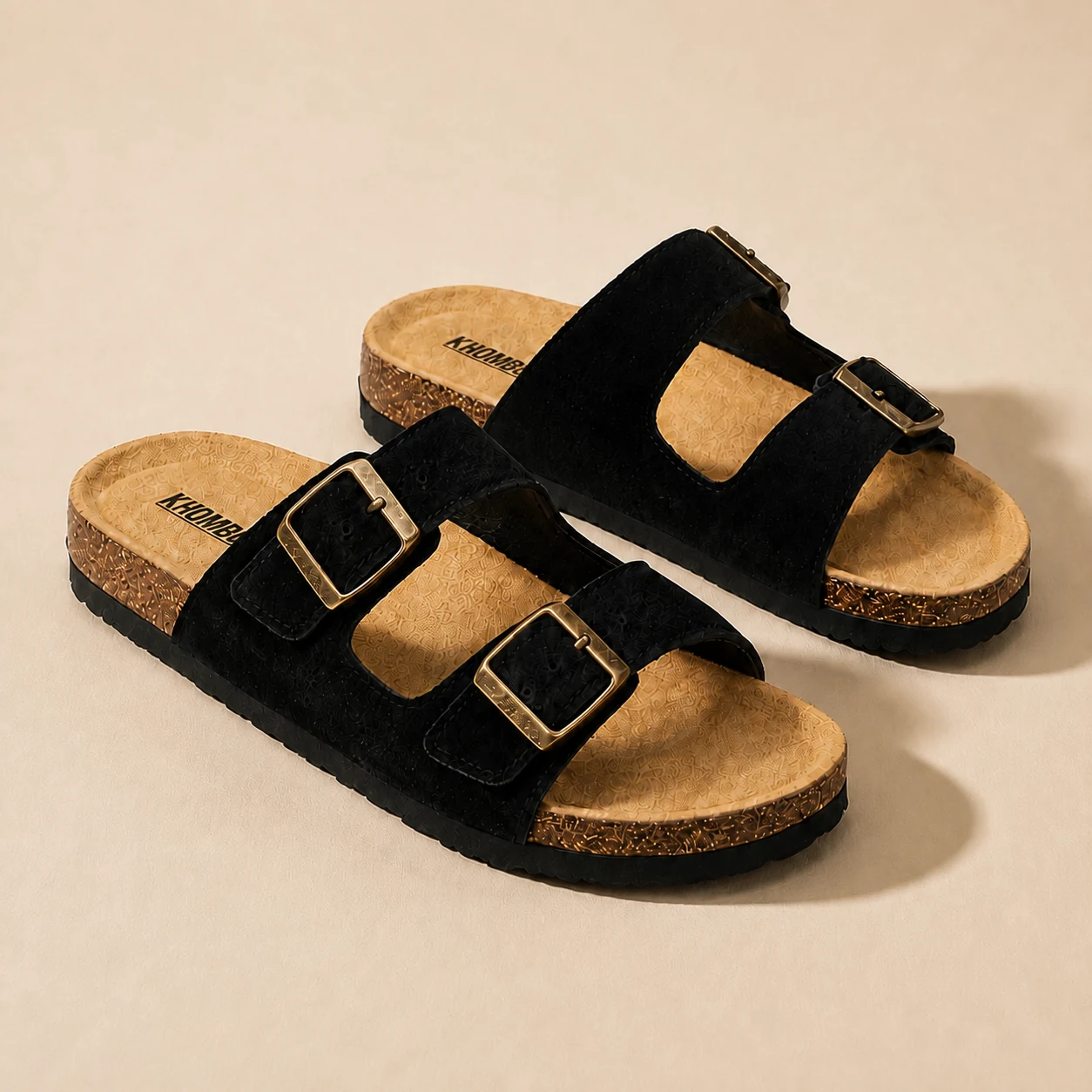 Sandalias KHOMBU negras de doble hebilla dorada y plantilla color natural