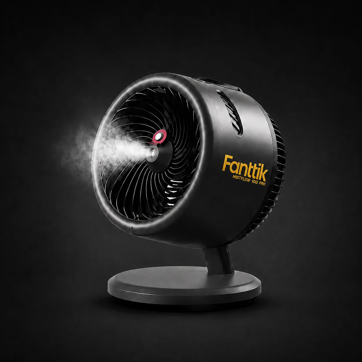 Ventilador Fanttik negro con base y una fina niebla al frente