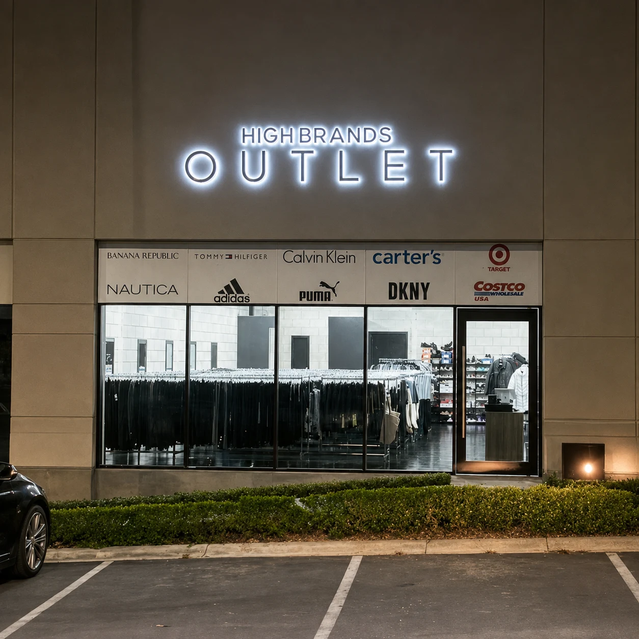 Fachada de High Brands Outlet en Plaza Vía La Luz, con su letrero iluminado